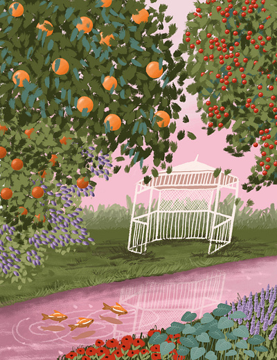 Summer garden adobe photoshop art digital art digital illustration drawing evening flowers garden green illustration relax summer trees water