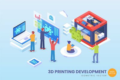 Isometric 3D Printing Development Vector Concept 3d animation 3d art 3d character 3d illustration agency app concept conceptual flat illustration isometric isometric design landing landing page page process strategy technology vector web