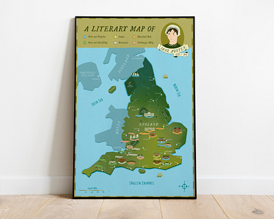 Literary Map of Jane Austen Novels illustration infographic jane austen literary map map design