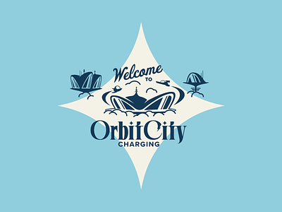 OrbitCity Charging charging city in the clouds electric ev flying cars fun future city futuristic games googie graphic rest stop retro futurism retro style sky city travel vehicles