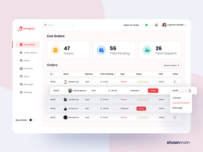 Live Order - Admin Dashboard Design (Bringova) analytics clean color creative dashboad dashboard app dashboard design dashboard ui design interface order food order management ordering ui uidesign uiux ux