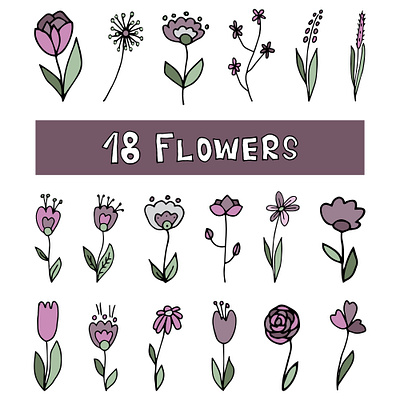 Doodle set of pink flowers and green leaves doodle doodle style design graphic design greenery hand drawn hand drawn illustration pink and green pink flowers tracing vector vector illustrations white background