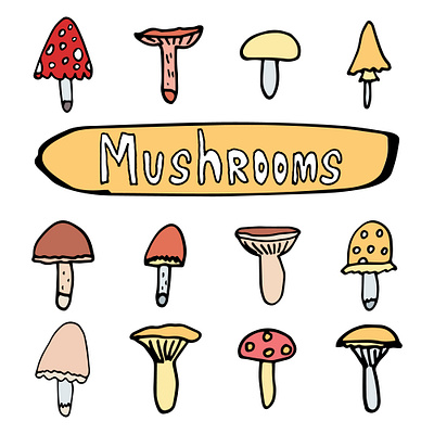 Doodle set of mushrooms. Lettering. Black outline. brown brown mushroom colorful mushrooms doodle gray hand drawn illustration pastel colors vector yellow