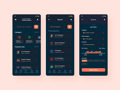 Job Finding Mobile App Dark Mode app best branding chakri clean design finding job job app job application job listing minimal mobile app design mobile application trendy uiux