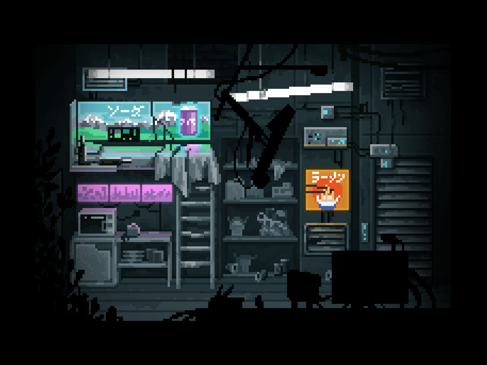 Pixel art room for a cyberpunk indie game 8bit animation 2d cyberpunk game game art game artist gif gif animation i̇nterior pixel art pixelart simple