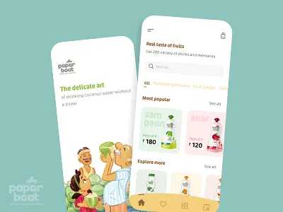Paperboat app Concept app design appconcept bangalore beverages brand drinking figma fruit fruity indian juice juice bar main screen mobile app newdesign onboarding paperboat uidesign veggies visual design