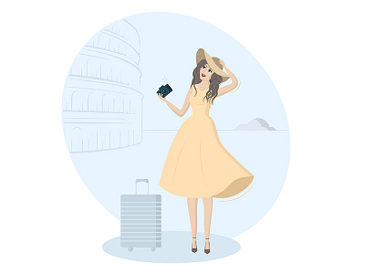 Travel illustration camera character girl illustration inspire italy people tourism vector