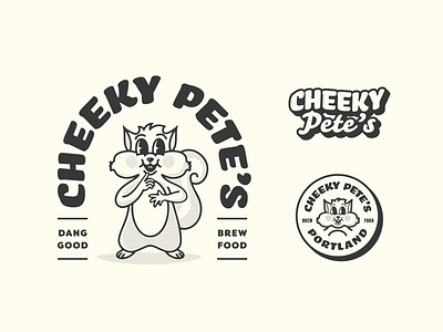 Cheeky Pete's Brew Food 50s badge branding cartoon character cheeks circle food cart food truck halftone halftones illustration mascot pizza restaurant script squirrel wordmark