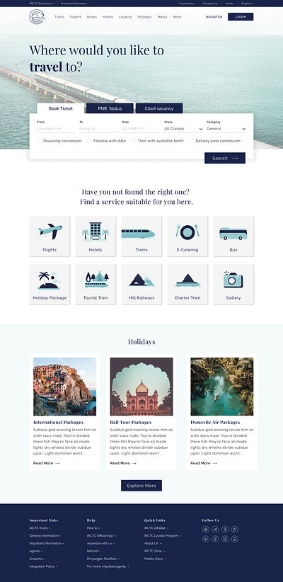 IRCTC Website Redesign booking branding design irctc landing page design landingpage minimal rail tickets railway redesign tickets trains ui website redesign
