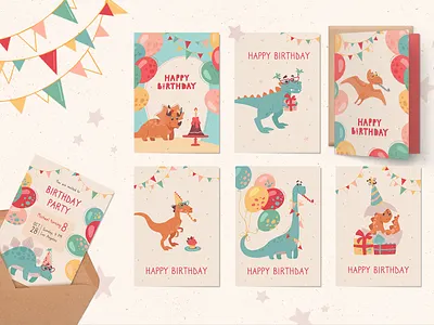 Happy Birthday Greeting Cards with Dinosaurs baby showers characters collection dinos dinosaur dinosaurs greeting cards happy birthday holiday invitation cards kids party designs