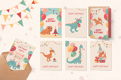 Happy Birthday Greeting Cards with Dinosaurs baby showers characters collection dinos dinosaur dinosaurs greeting cards happy birthday holiday invitation cards kids party designs
