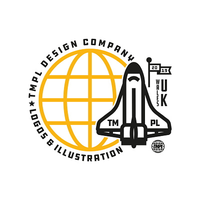 TMPL Design Co badge badge brand design draw drawing globe graphic design icon identity illustrate illustration logo planet space shuttle space travel