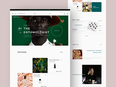 HERETIC Parfum (concept website) online-shop 2021 beauty concept design ecommerce figma fragrance fragrances green mainpage minimalism minimalistic parfum shop ui web white space