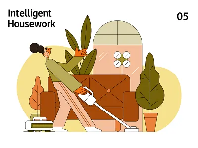 Intelligent Life 05 housework ai character design flat green illustration illustrator lineart orange pink sofa trees vector yellow
