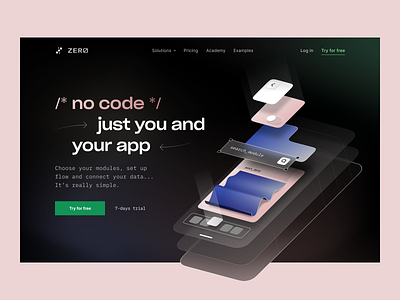 ZER0 /* No-code app builder */ app constructor app development application builder atomic system dev tool development tool hero section landing page no code app no code development nocode product page saas visual identity web application