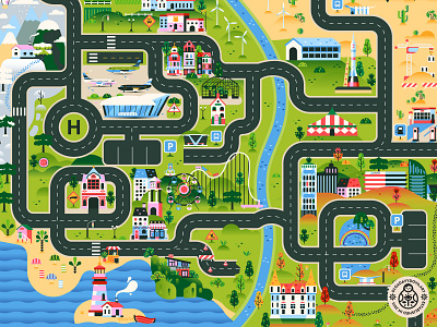 City Road Map Play mat illustration (Full) airplane building children city map flat illustration kids landscape lighthouse mountains