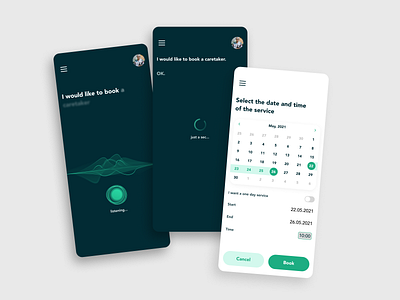 Elder Helper - Booking a caretaker ai app booking calendar calendar design caretaker clean clean ui concept design mobile simple ui ux uxui voice navigation