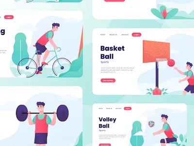 Exploration Design - 4 Sports Apps Landing Page basketball bicycling design freelance designer illustration mobile app design sports vector volleyball web website weightlifting