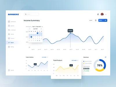 Barbers - Dashboard - Report barber app barbershop clean design clean ui clean ui ux dashboard app dashboard design dashboard ui haircut report design saas app saas design statistics ui design uidesign uiux design uiux designer uiuxdesign uiuxdesigner webdesign