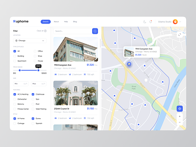 Uphome - Dashboard Real Estate 🔥 agency agent architecture building buy land dashboard filter house interior map product design property real estate real estate agency realtor rent residence ui ux web app