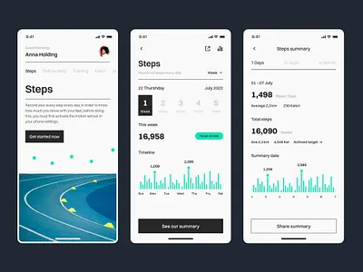 Health App activity android app black green health interactive ios minimal mobile mobile app team ui ux