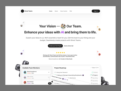 GhostTeams - AI Ideas Landing Page ai ai assistant ai ideas ai interface ai master ai skills ai website brainstorm futuristic design generative ai ghost teams ideas intuitive landing page language projects responsive website user experience warm layout website