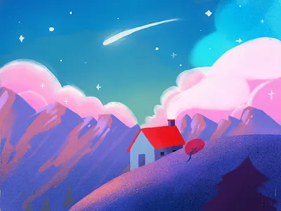 Cozy mountains charming cozy illustration landscape magic mountains sky stars