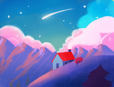 Cozy mountains charming cozy illustration landscape magic mountains sky stars