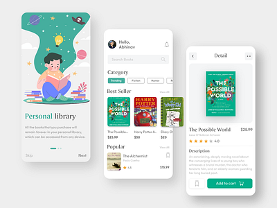 Book Store App Design Concept adobe adobexd app design book app book store concept dailyui dailyuichallenge design green illustration interface ios onboarding onboarding screen ui ui design ui designer user inteface ux