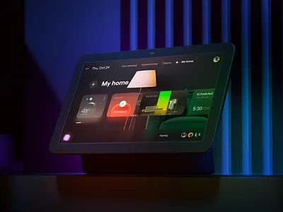 Google Hub Smart home by Milkinside 3d ai cards colors device google green home hub illustration mockup myhome oem os profile smart social sofa tablet voice