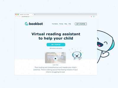 Bookbot / Reading AI Bot Landing Page ai bot calm character children design dyslexia dyslexic friendly inviting landing page ui ux web website