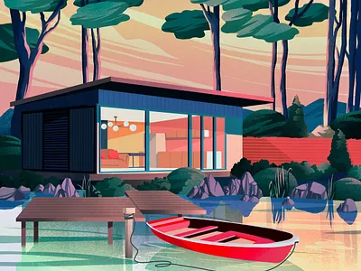 Sunset architect art artwork boat houses illustration art lake landscape mountain nature art