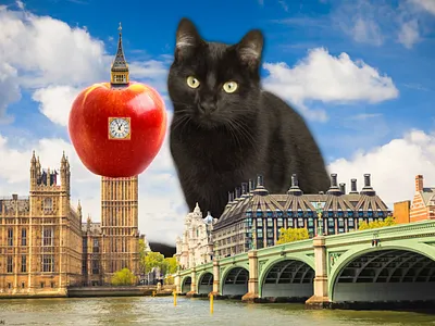 An apple and cat become giants - Elizabeth Tower and big Ben affinity affinity photo affinityphoto apple big big ben big cat black black cat blue sky cat cats england london tower ui uidesign uk ux