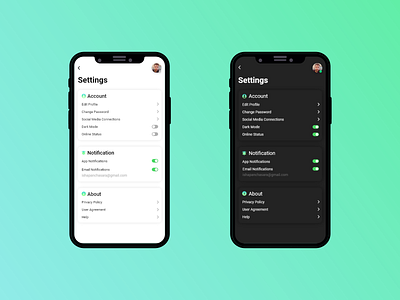 Setting Screen DailyUI #007 app design clean ui dailyui dailyui 007 dailyuichallenge dark mode design ios app light mode minimalistic settings ui ui user experience user interface ux