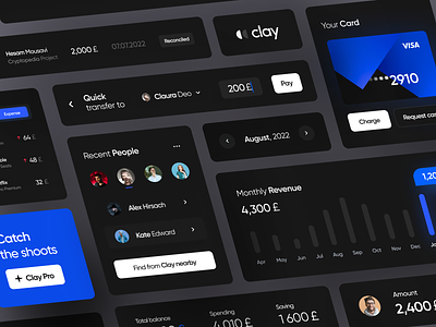 Clay Components :: Part 2 app blue clean components credit card dark dashboard design finance interface minimal money projects ui ux web