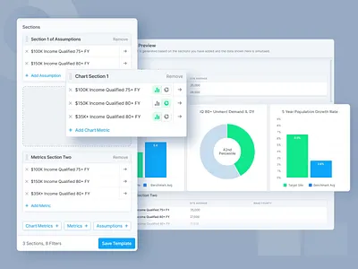 VisionLTC - Report Template Creation Flow app application chart creation drag and drop editor experience form graph interface light mode light theme list report software table template ui ux window