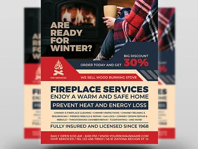 Fireplace Services Flyer Template chimney chimney cleaning chimney man chimney repair creative fireplace flyer heating leaflet poster services sweeps system template winter winter business winter services wood burning stove