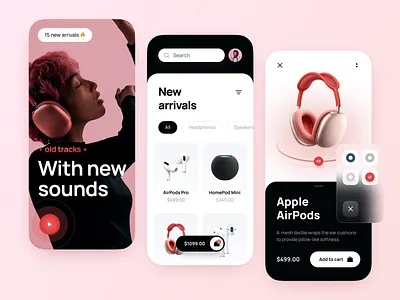 Headphones - E-commerce 360 view basket cart color picker details characteristics e commerce app emoji filter headphones shop list items new arrivals online store search splash screen tags total