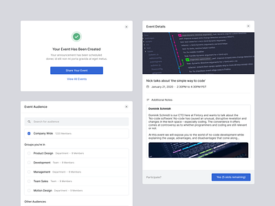 Haystack - Event creation audience clean components dashboard desktop event creation event details fintory haystack kevin dukkon light mode modals popup creation responsive modals desktop success state ui user interface ux