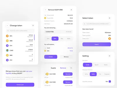 Kalmy swap pop ups blockchain clean crypto crypto design dailyui light mod minimal modal pop up purple ui ui design ui kit ui ux design ux web web design white