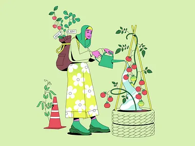Urban gardening 2d illustration character characterdesign cherry illustration plants tomatoe urban gardening