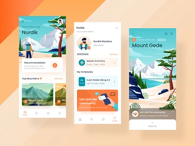 Hiking app ⛰ app blue chart climbing hike hiking home icon illustration ios mobile mount nature nav bar onboarding orange orely pastel profile sky