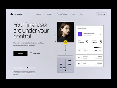 revo.point | main page, visual identity bank banking branding clean color design fintech hero home page illustration landing logo neobank saas ui ux visual identity web web design webpage
