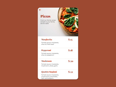 Daily UI #043 - Food/Drink Menu app daily daily 100 challenge daily ui daily ui 043 daily ui challenge dailyui dailyui 043 dailyuichallenge design food food and drink food app food drink menu foodie menu menu design pizza menu ui ux