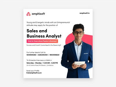 Hiring Poster for Amphisoft branding business analyst business flyer facebook ad hired hiring platform hiring post instagram post interviews linkedin poster design recruitment resume cv sales page social media campaign social media post talent walk in