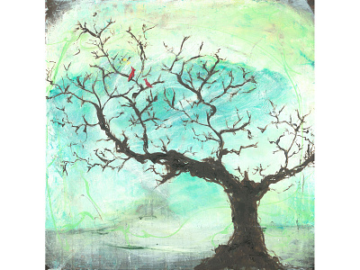 Waiting abstract bird birds cogwurx illustration landscape oil painting organic spring square tree