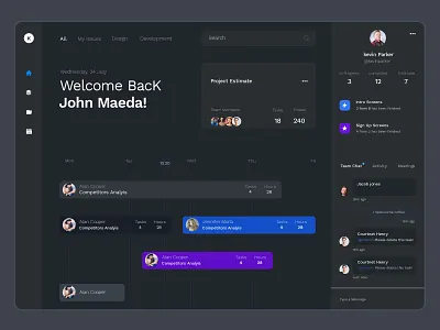 Project Management & Team Management Dashboard | Dark mode clean ui dark mode dark theme dark ui dashboard ui meeting minimal ui product design project management project management tool resource management resources responsive design scrum slack sprint standup task management task manager work from home
