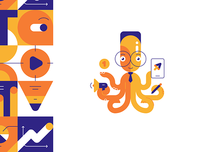 Trusty Octopus arrow brand branding design glass identity illustration logo logotype loudspeaker money octopus pen pencil phone play tentacles tie timeline trust