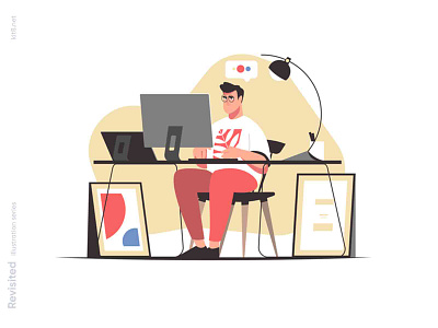 Man working on computer illustration business character computer flat home illustration kit8 lamp man office paintings stool table tablet vector work