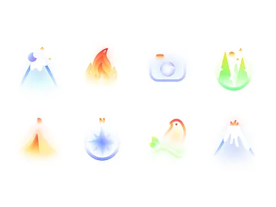 Frosted Glass Travel Icon Set | Nature Mountains Forest atmosphere bird compass fire forest frosted glass icon design icon set iconography icons illustration magic mature mountains nature tent traveling ui vector volcano